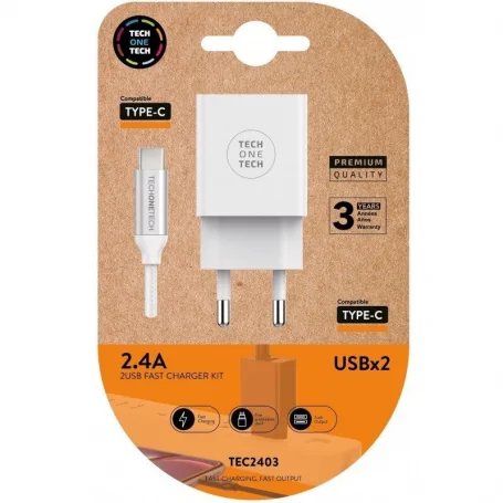 Tech One Tech TEC2403/ 2xUSB Wall Charger + USB Type-C Cable/ 2.4A/ White - Image 1